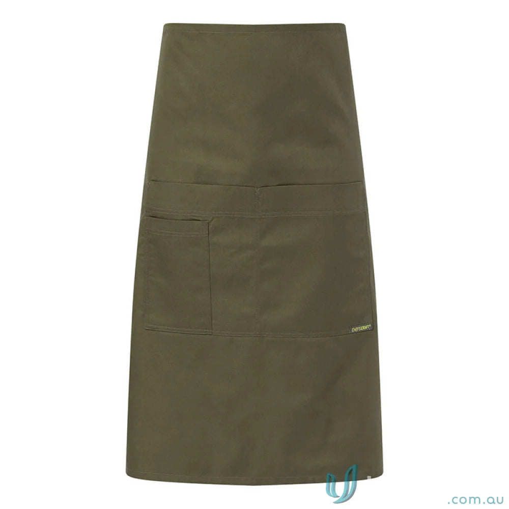 Olive green half apron with multiple pockets for workwear and uniforms