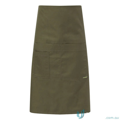Olive green half apron with multiple pockets for workwear and uniforms