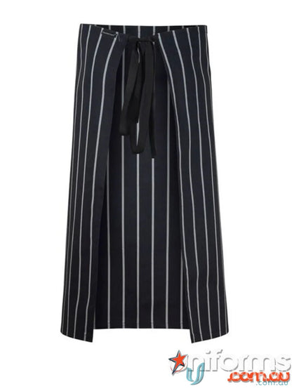 Black 3/4 length apron cafe stripe with tie waist and white pinstripes for chefs
