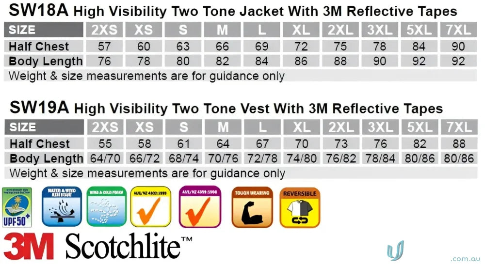 High visibility clothing size chart for Unisex 3in1 Rainproof Safety Jacket, sw20a