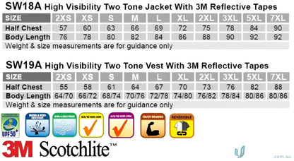 High visibility clothing size chart for Unisex 3in1 Rainproof Safety Jacket, sw20a