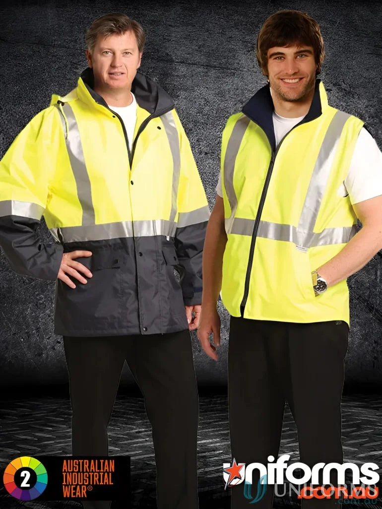 Two men wearing high visibility 3in1 rainproof safety jackets for SW20A safety gear