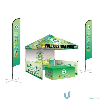 Green promotional tent and flags with custom table cover and workwear for events