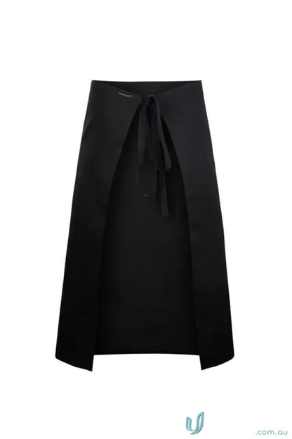 Black wrap skirt with tie waist, 3QTR length apron, herringbone tape ties, Workcraft Kitchen Hands