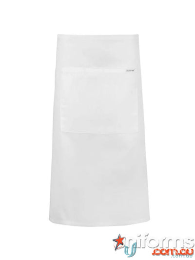 White bib apron with chest pocket, perfect for uniforms and holding a bottle opener