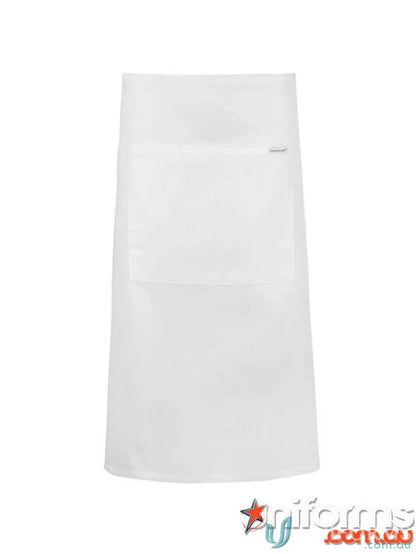 White bib apron with chest pocket, perfect for uniforms and holding a bottle opener
