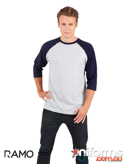 Man wearing a stylish two-tone baseball tee from the 3Qtr Raglan Tee sizing guide