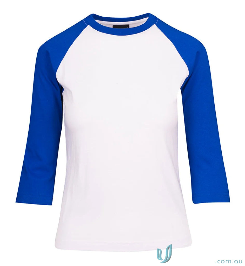 White and blue raglan shirt from 3Qtr Raglan Tee with sizing guide size info