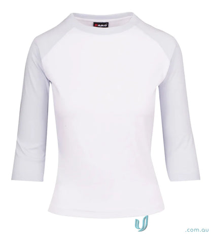 White three-quarter sleeve raglan shirt from 3Qtr Raglan Tee, check out the sizing guide size options