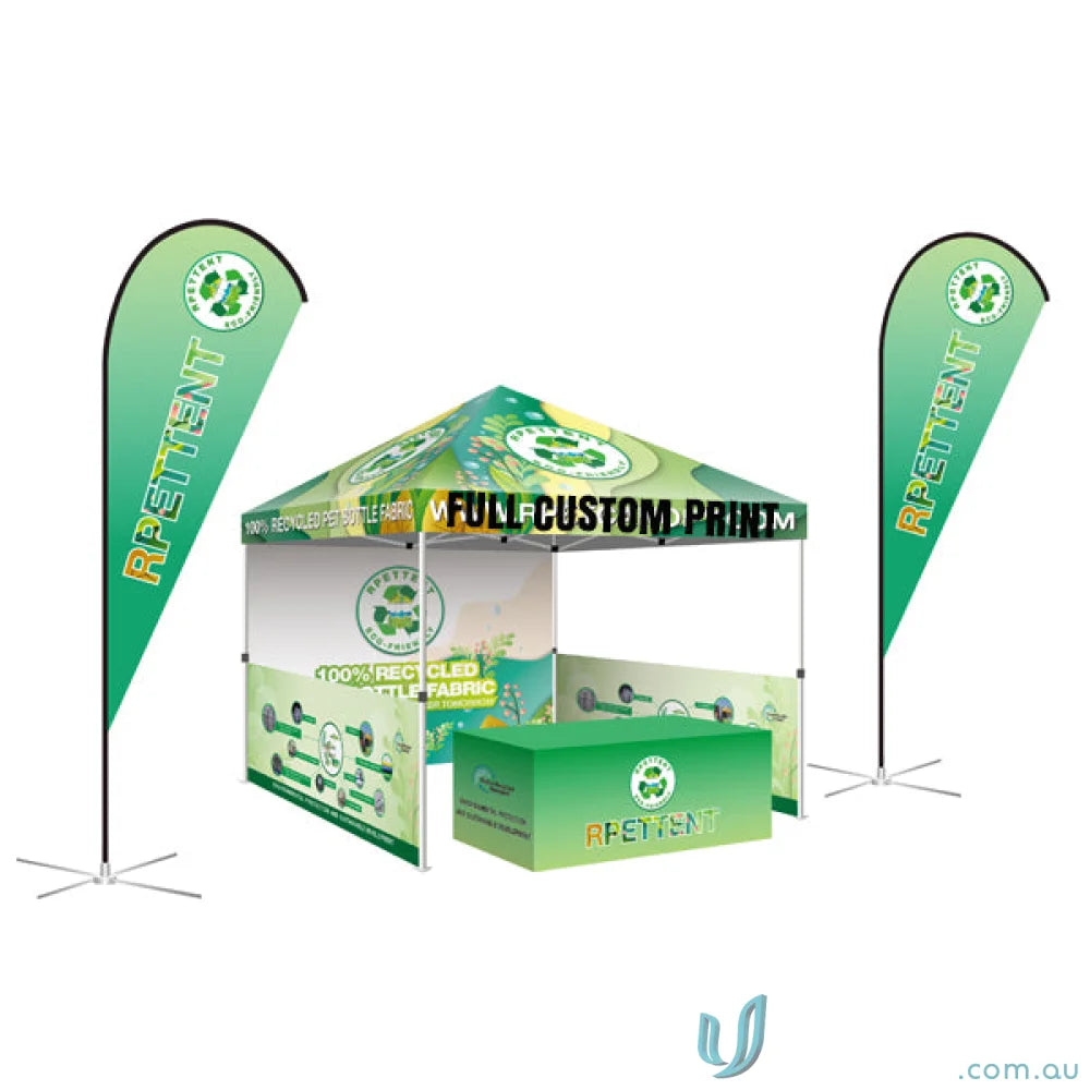 Green promotional tent and flags at a 4.5mt x 3mt Custom Marquee Set, perfect for workwear displays