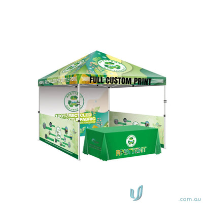 Green and white promotional tent for events, ideal with table cover, uniforms, workwear