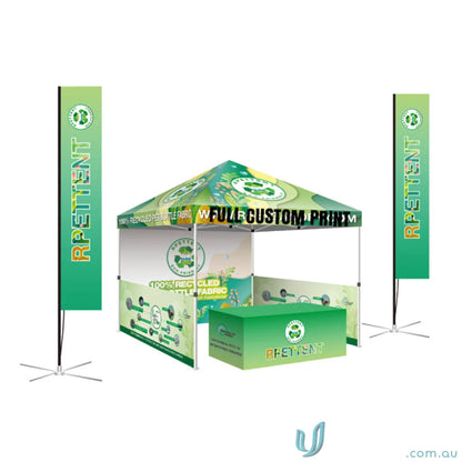 Green and white promotional tent with flags, perfect for events, workwear, or table cover displays