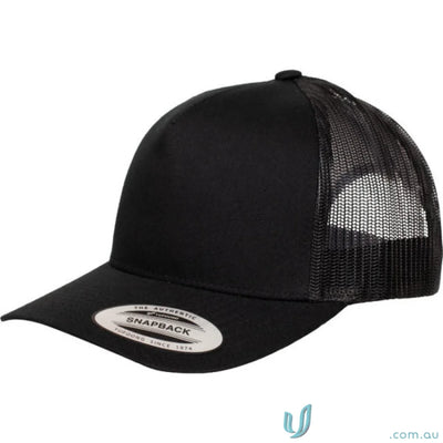 Black panel trucker cap with mesh back and Authentic Snapback sticker on brim