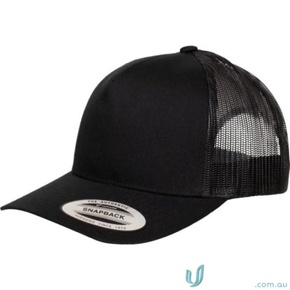 Black panel trucker cap with mesh back and Authentic Snapback sticker on brim