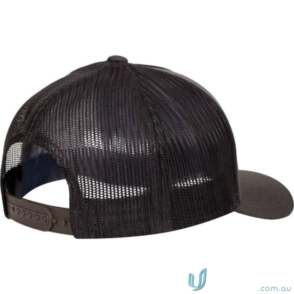 Black mesh-back panel trucker cap with dark brown bill and adjustable snap closure