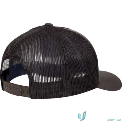 Black mesh-back panel trucker cap with dark brown bill and adjustable snap closure
