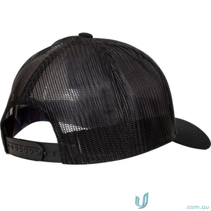 Black mesh-back panel trucker cap with flat brim and snapback closure