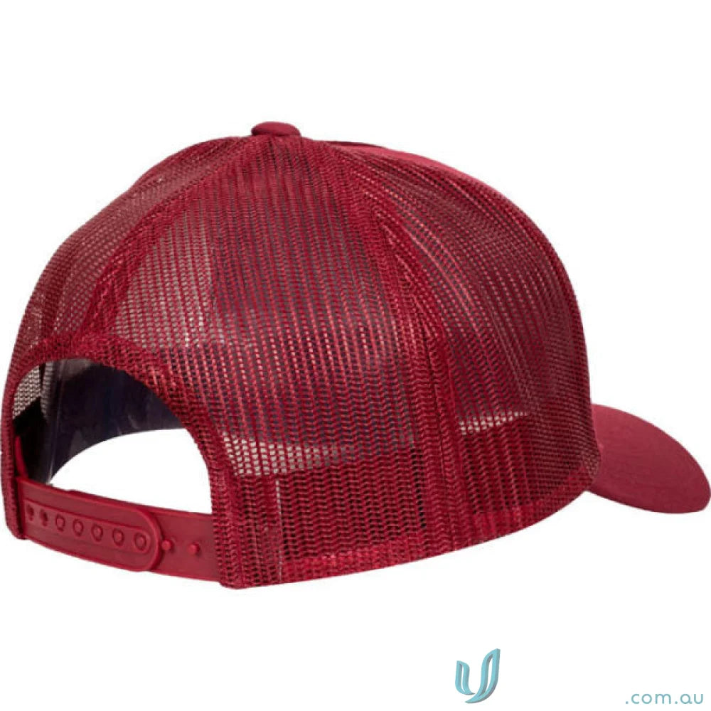 Red mesh back panel trucker cap with adjustable snap closure for a classic trucker look