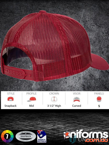Red mesh panel trucker cap with curved visor and 5-panel design perfect for style