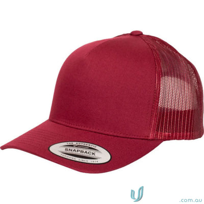 Red panel trucker cap with mesh back and Snapback label, perfect for trucker cap fans
