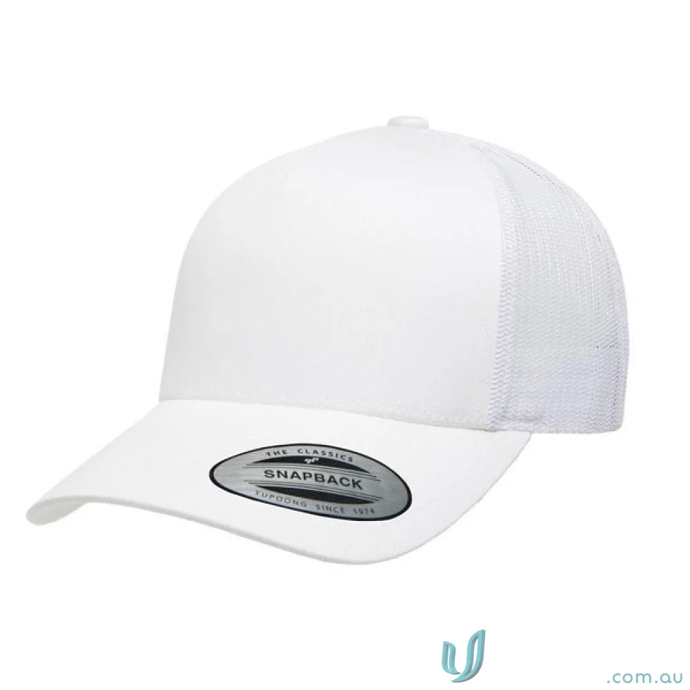 White 5 Panel Trucker Cap with gray SNAPBACK sticker on the brim, perfect panel trucker cap style