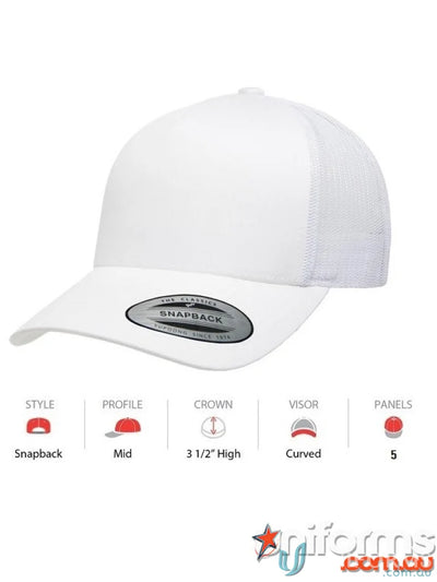 White mesh-back panel trucker cap with curved brim and snapback closure