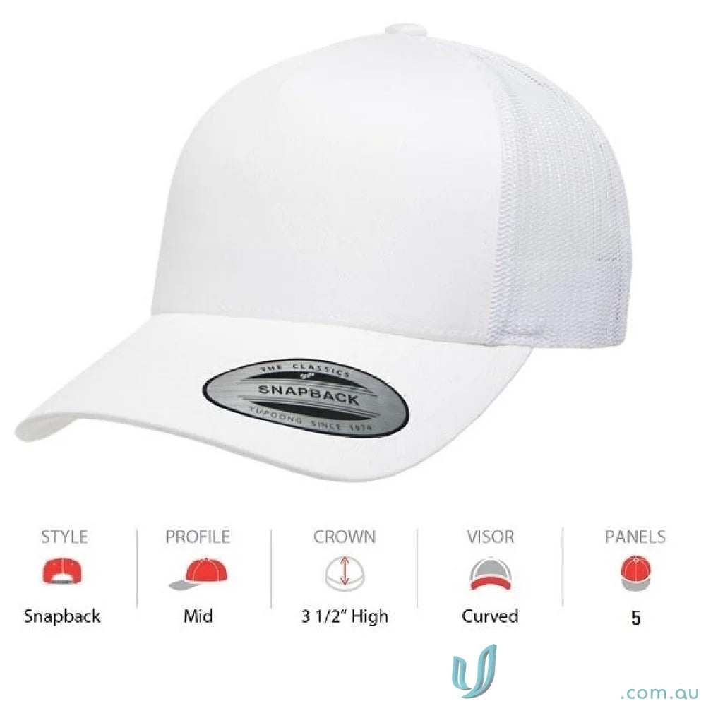 White mesh back 5 Panel Trucker Cap with curved visor, perfect panel trucker cap style