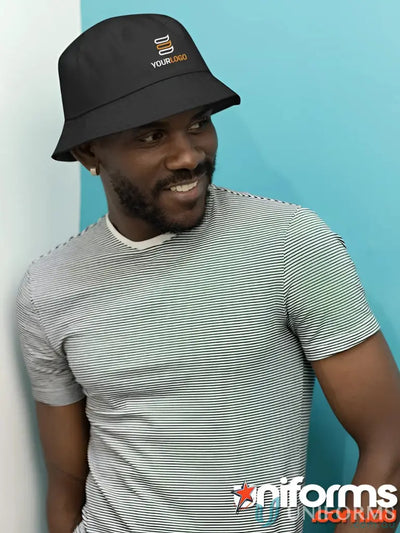 Black bucket hat made of heavy brushed cotton with embroidery, price includes embroidery