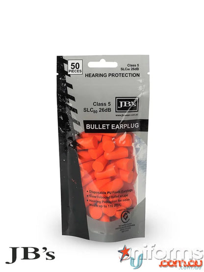 Orange bullet-shaped earplugs in packaging for uniforms and workwear safety