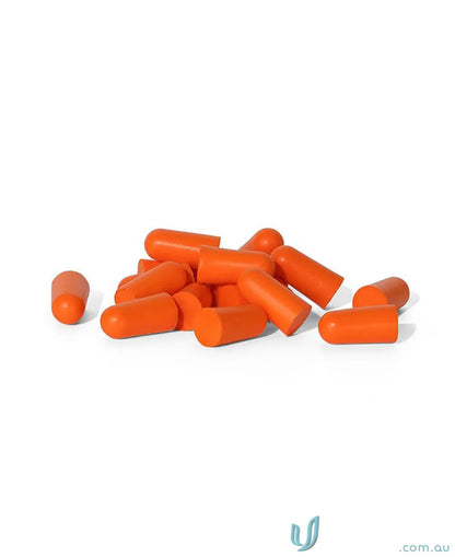 Pile of orange bullet shaped ear plugs for workwear and uniforms, 50 pack