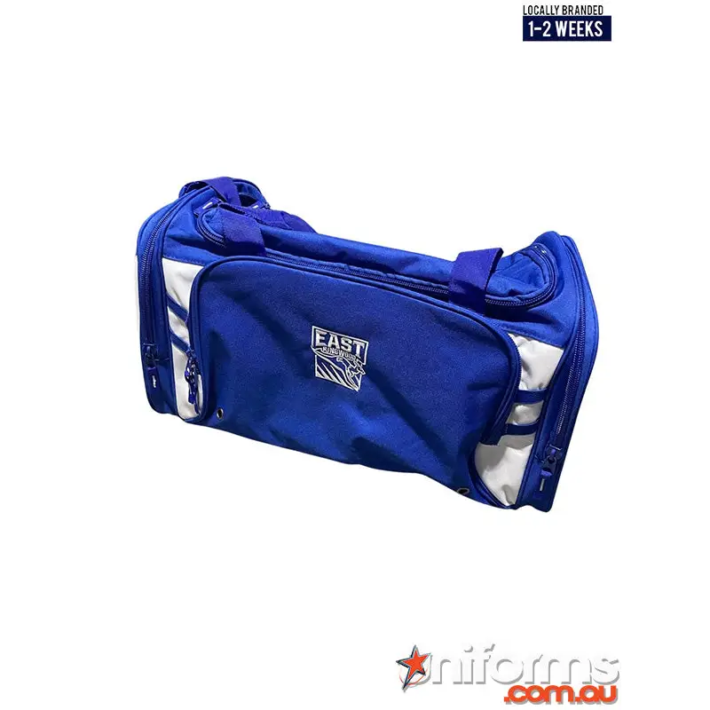 Blue and white east coast rugby duffel bag with logo patch perfect for uniforms and workwear use