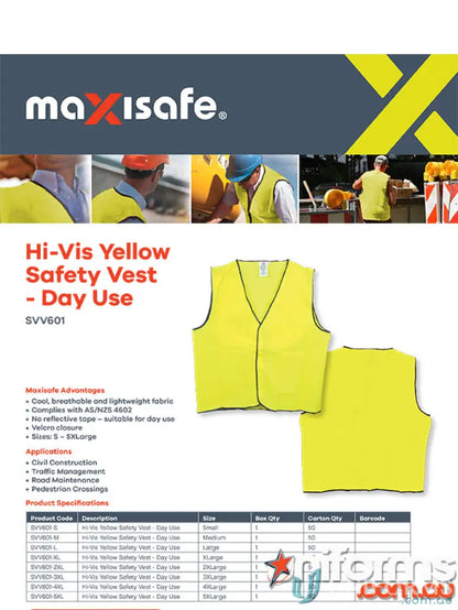 Bright yellow safety vest from 50pk Maxisafe workwear, perfect for work uniforms