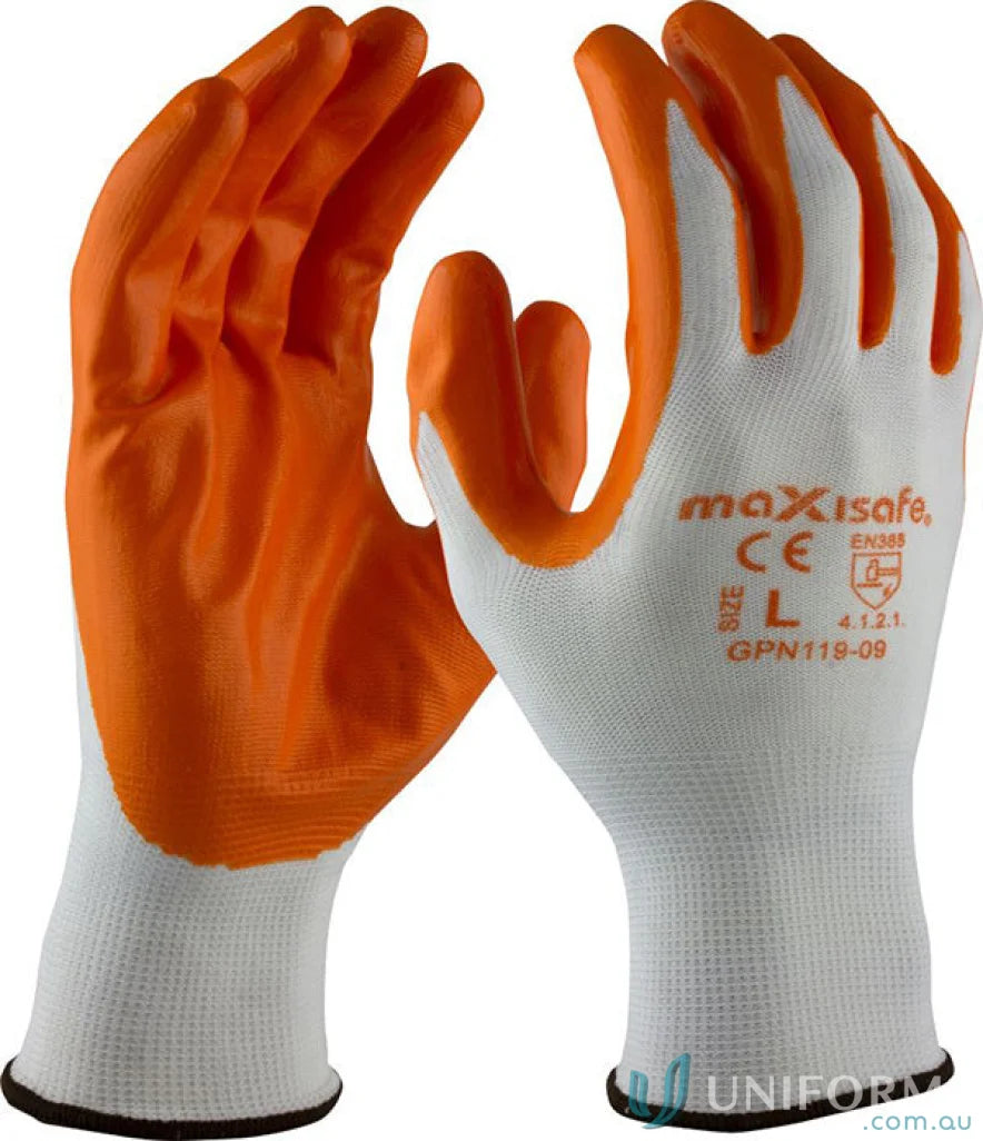 Orange and white polyester glove with nitrile coated palm from Maxisafe for work uniforms