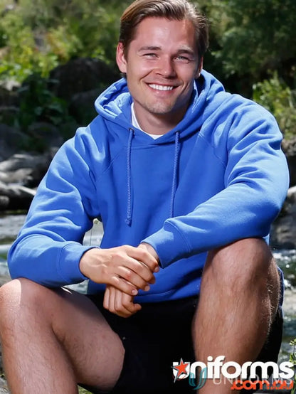 Smiling man in bright blue hoodie from 5x Bundle Adult Hoodie, comfy cotton rich feel