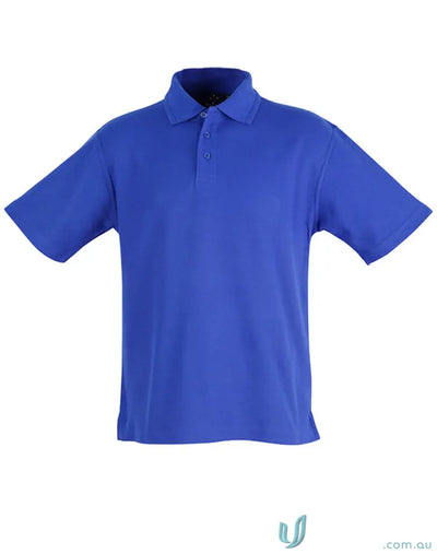 Blue short-sleeved polo shirt in poly cotton pique with ridged collar and twin-needle stitching