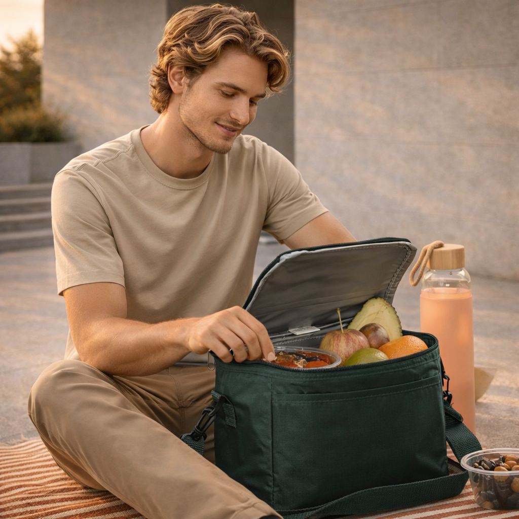 Dark green b6001 cooler bag with fruits, food, zipper and strap