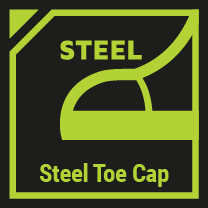 Black square icon with lime green border showing steel toe cap for workwear and uniforms