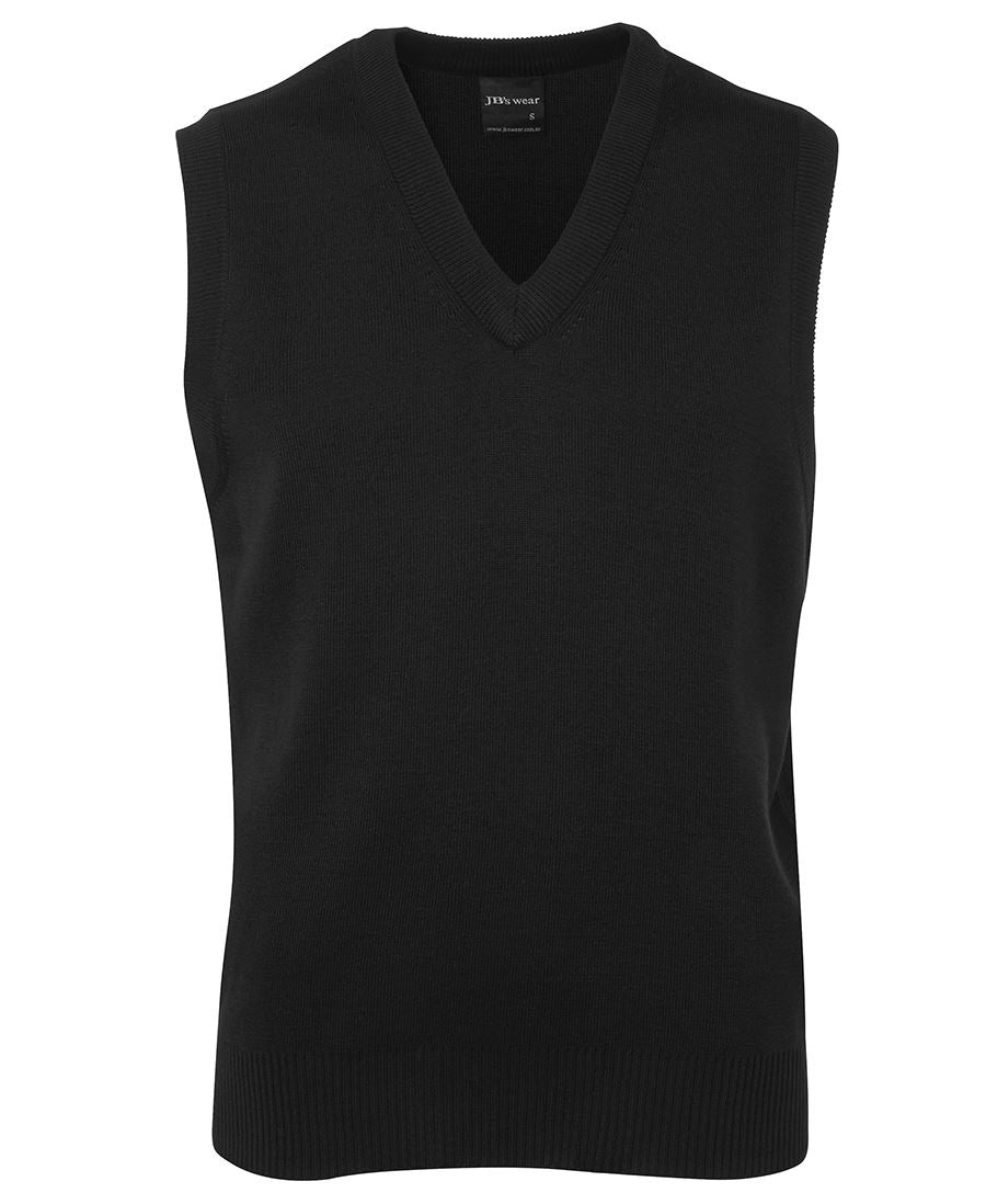 Black v-neck knit vest with ribbed trim and subtle texture perfect for workwear and uniforms
