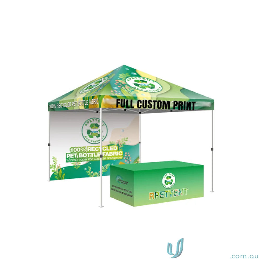 Green and white promotional tent with table cover, perfect for uniforms and workwear events