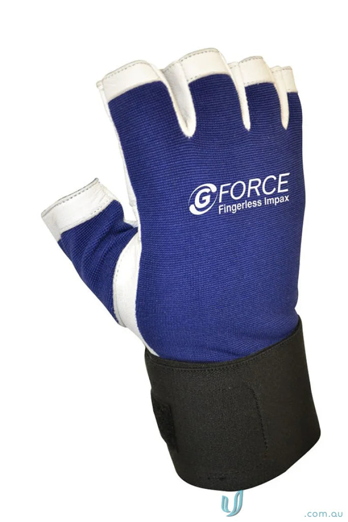 Blue and white gel padded fingerless workwear gloves with black wrist support
