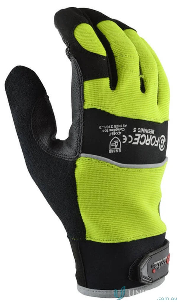Black and yellow G-Force Hi-Vis Cut 5 mechanics glove for workwear and work uniforms