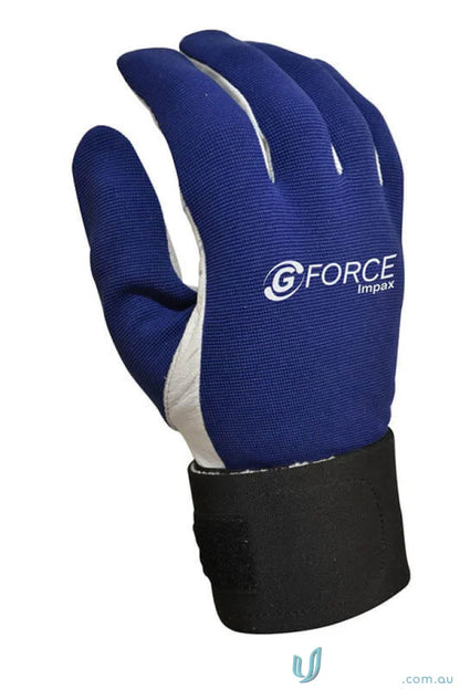 Blue and white gel padded work glove with black cuff from 6pk.G-Force Impax workwear