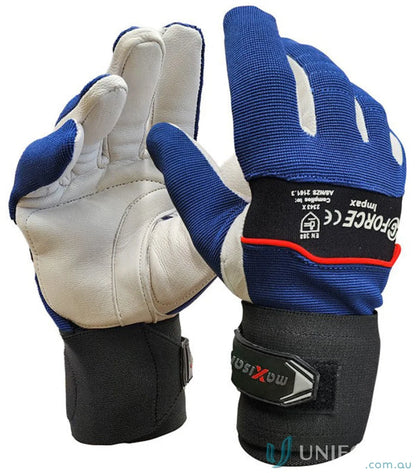 Blue and white gel padded work gloves from 6pk G-Force Impax anti-vibration workwear