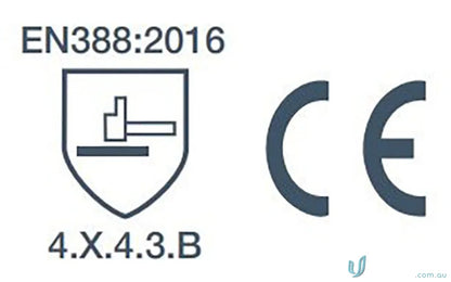 Safety certification symbols on G-Force Leather Mechanics Glove for industry handling