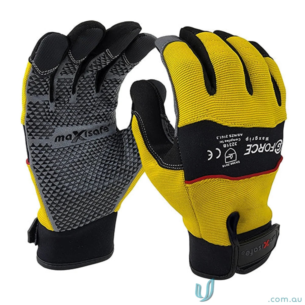 Yellow and gray work gloves with silicone grip from 6pk G-Force MaxGrip Mechanics Glove in workwear
