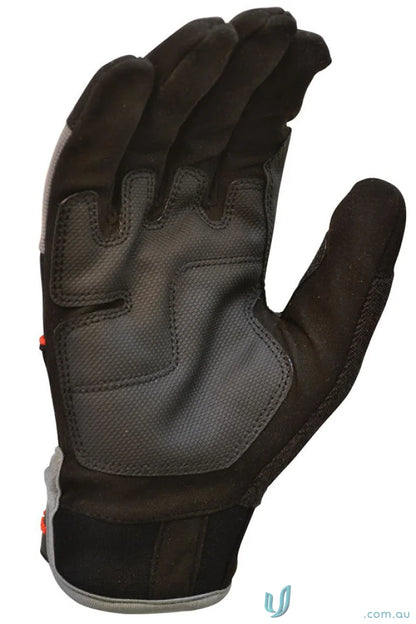 Black and gray work glove with synthetic leather and touch screen capability for mobile phones