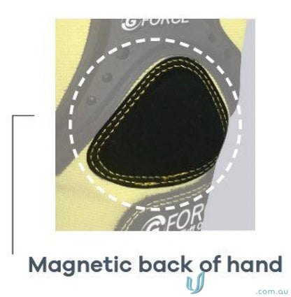 Magnetic back of hand glove detail on 6PK G-Force Tuff Oiler Cut C Mechanics Glove with reinforced leather