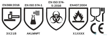 Safety glove rating symbols on 6pk Harpoon Green Latex Gauntlet workwear