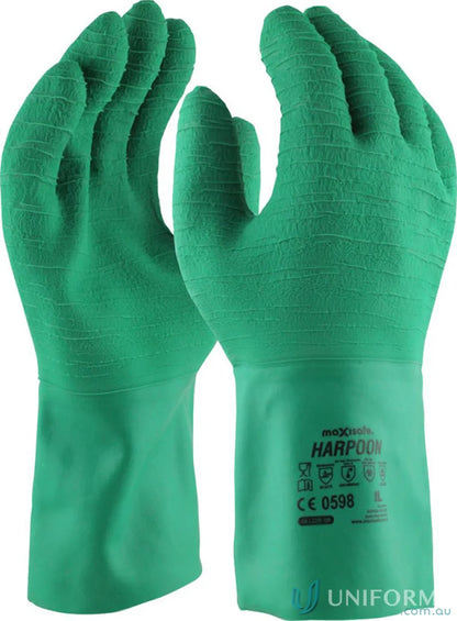 Green textured work gloves from 6pk.Harpoon Green Latex Gauntlet, perfect for workwear