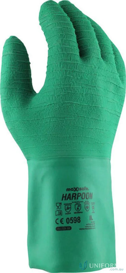 Green work glove from 6pk Harpoon Green Latex Gauntlet for durable workwear and uniforms